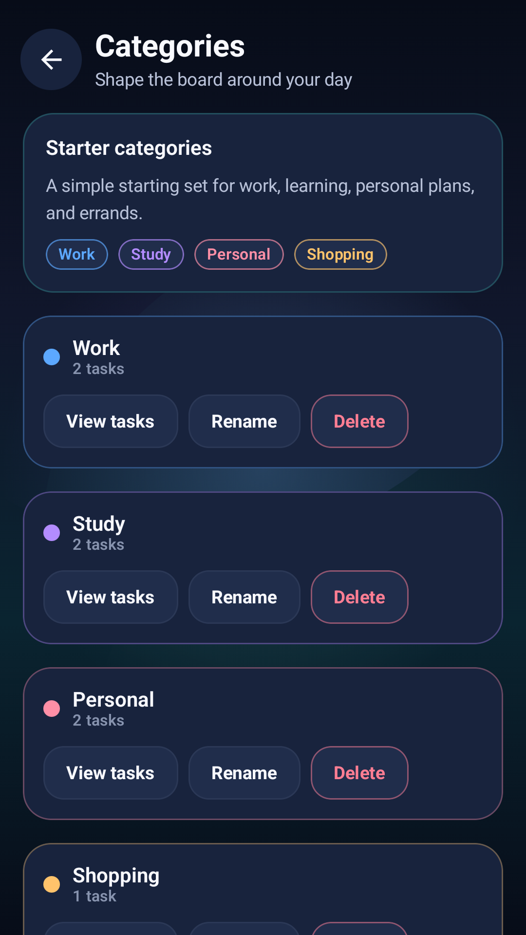 TaskFlow Board categories screen